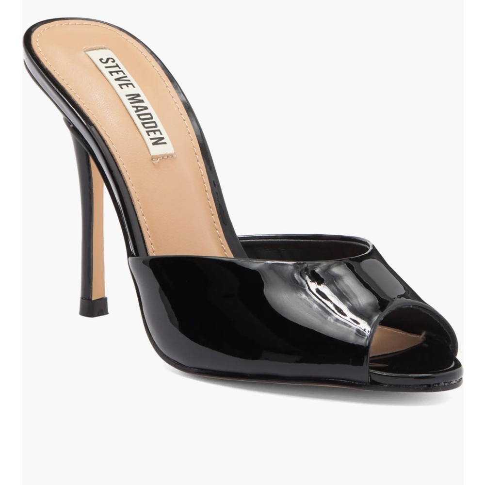 Steve Madden Glossy Black Peep-Toe Mules Heels